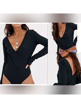 ASOS Wrap Bodysuit Ribbed in Black Long Sleeve Plunge Neck Size 8
